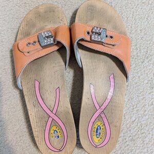 Y2K wooden sandals Dr Scholls womens US 7 rhinestones breast cancer ribbon